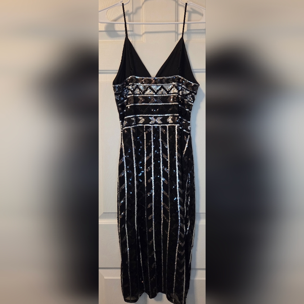 Express Black Velvet Silver Sequin Midi Dress M Art Deco Holiday Party - Picture 4 of 7